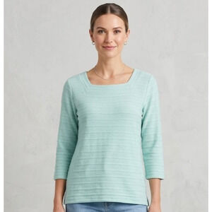 Talbots Seafoam Green Textured Stripe Top Women's Large Square Neck 3/4 Sleeve